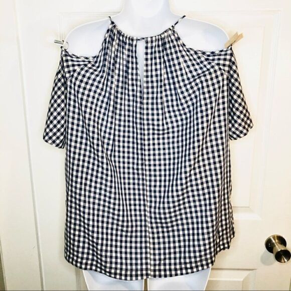 Velvet Graham & Spencer Gingham Cold Shoulder Top Blue White XS - Picture 9 of 12